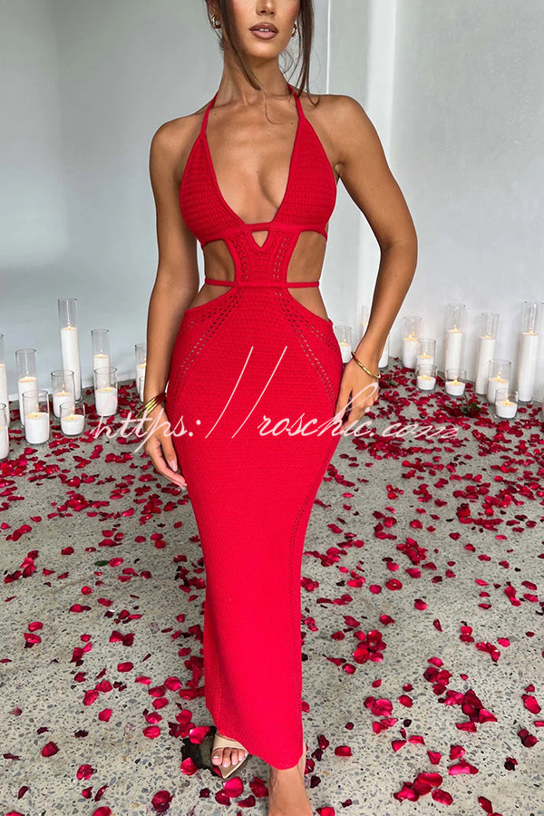 Effortlessly Cool and Sexy Knit Crochet Cutout Halter Tie-up Stretch Maxi Dress