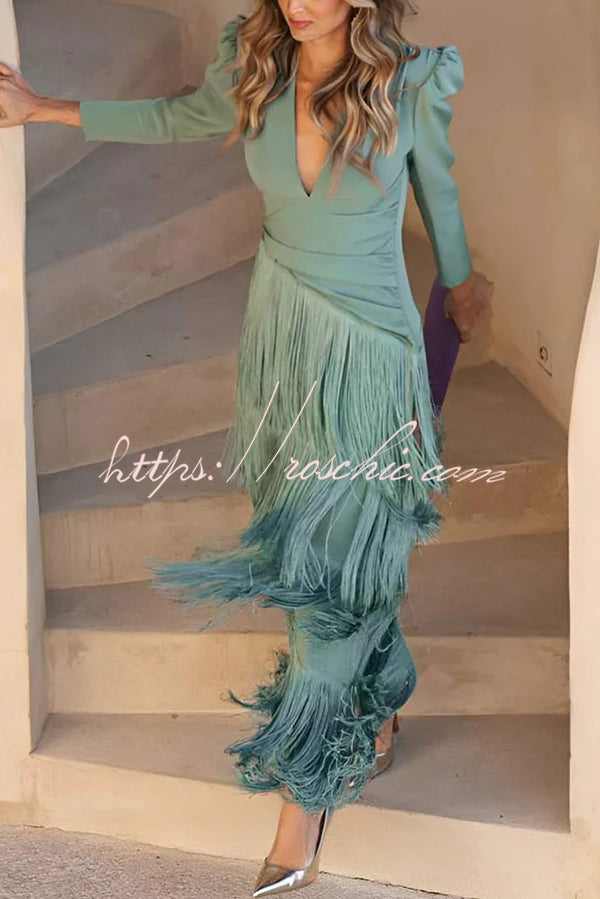 Solid Color V-Neck Long Sleeve Elegant Tassel Maxi Dress