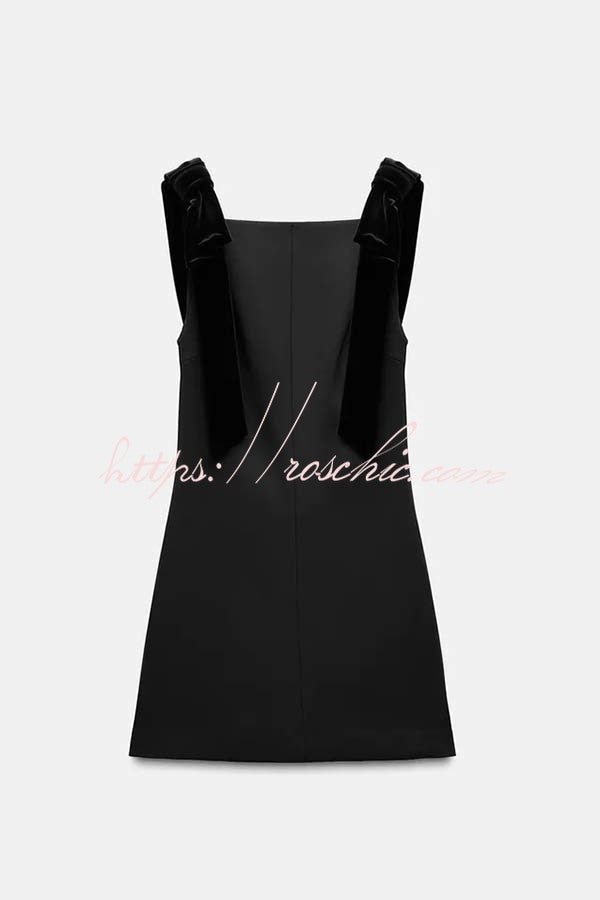 Miss Hepburn Velvet Bow Straps Straight Neckline Loose Mini Dress