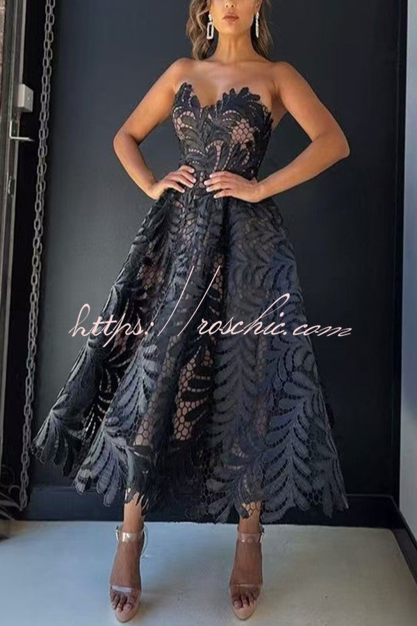 Elegant Openwork Lace Strapless Full-hem Midi Dress