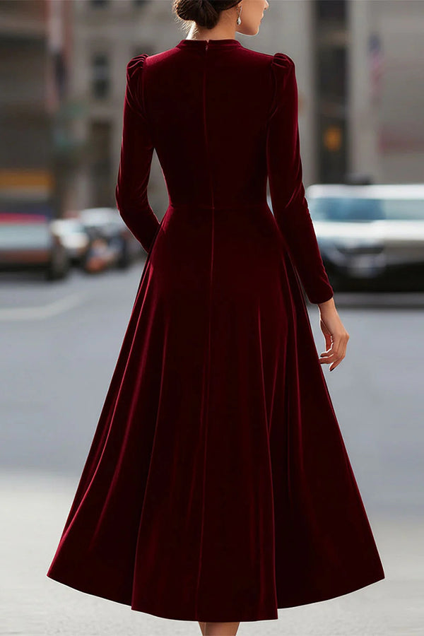 Solid Color Velvet Round Neck Long Sleeve Elegant Maxi Dress