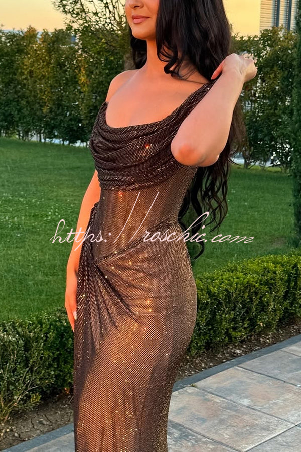 glitzy gala glitter fabric one shoulder ruched slit maxi dress Elevate your style at ANETTA Black Short Sparkling Tier1 Material:82%Cotton+10%Polyester+8%Viscose