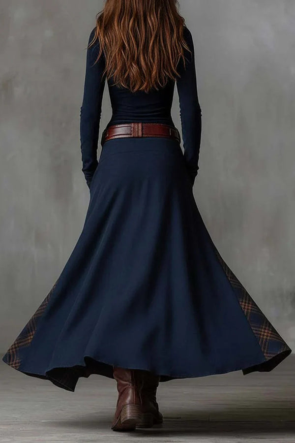 Retro-style Patchwork Single-breasted Long-sleeved Casual Pocket Maxi Dress