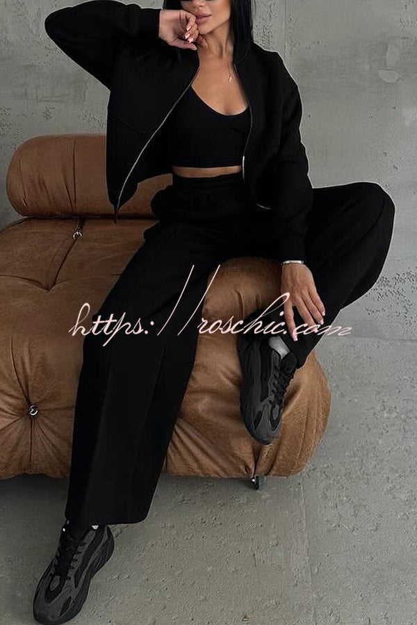 Solid Color Casual Long Sleeve Zipper Jacket and Elastic Waist Pocket Wide Leg Pants Set