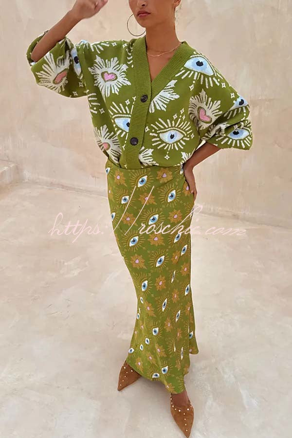 Mysterious Magic Satin Eye Heart Pattern Elastic Waist Drape Maxi Skirt