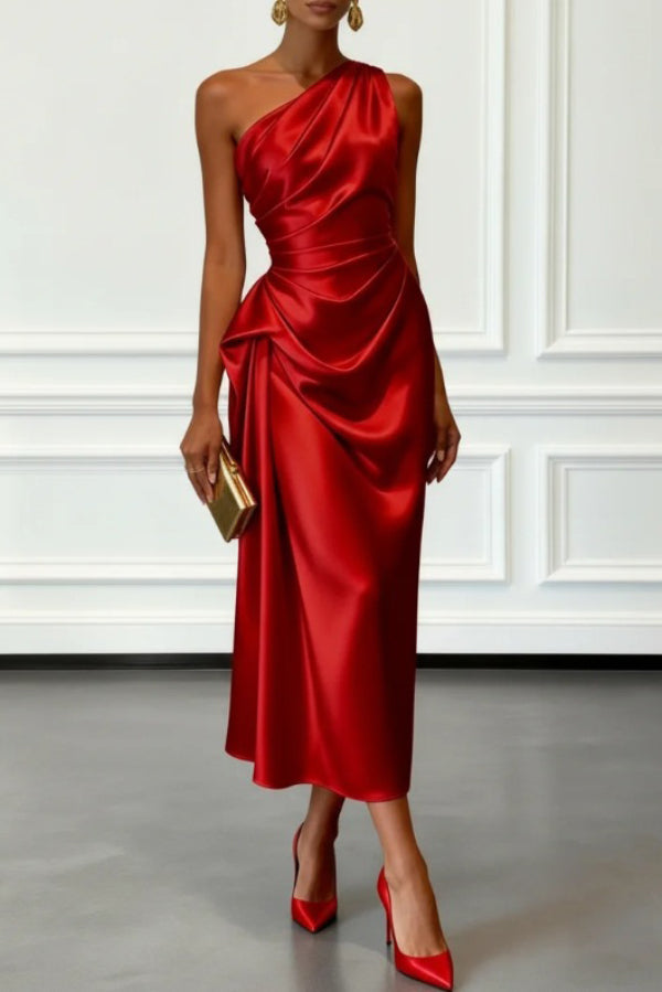 red satin pleated midi dress ASTR the Label | Satin Pleated Drop Waist Maxi Dress in Navy