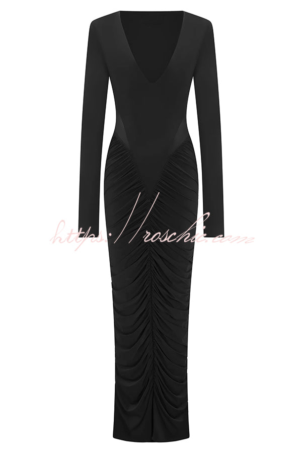 Sexy See-through Long-sleeved V-neck Pleated Slim-fit Maxi Dress