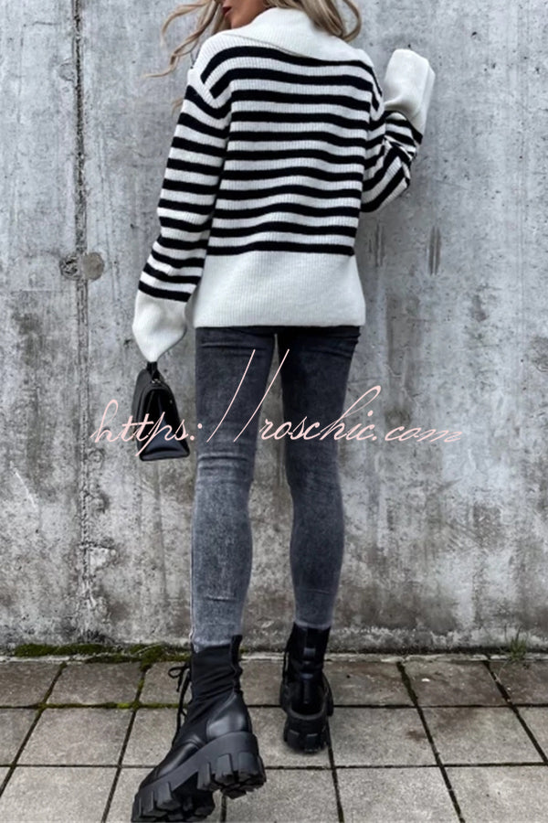 Irregular Lapel Contrast Striped Knitted Long Sleeved Sweater