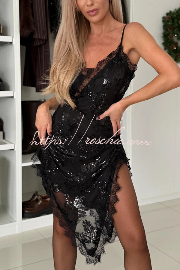 Charming and Romantic Floral Sequin Lace Trim Irregular Slit Hem Slip Mini Dress