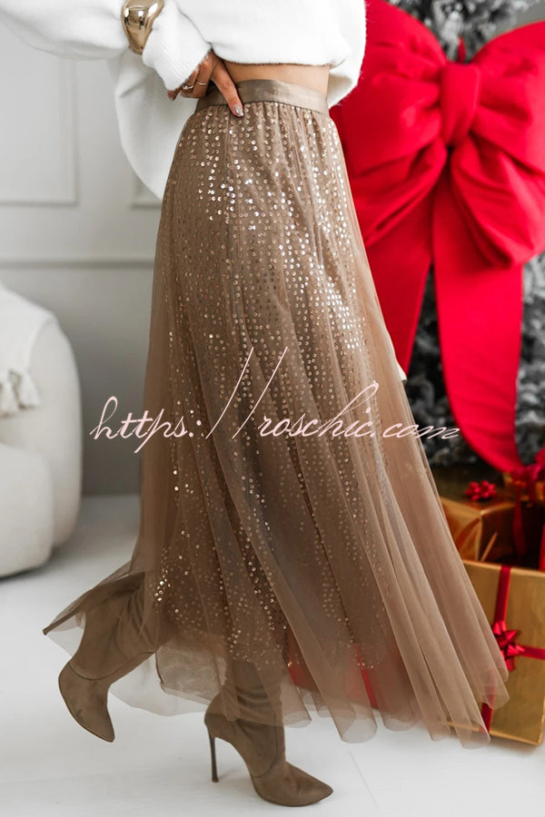 Party Daydream Sequin Tulle High Rise Elastic Waist Maxi Skirt
