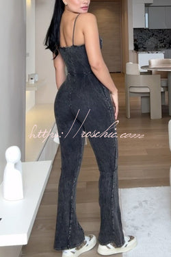 Jarvais Washed Denim Back Zipper Slip Flare Stretch Jumpsuit