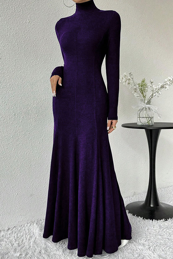 Solid Color High-neck Long-sleeved Slim-fit Fishtail Elegant Maxi Dress