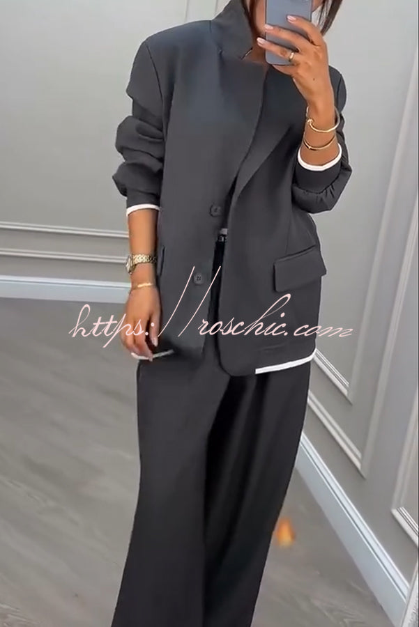 Fashion Sports Style Ribbed Colorblock Lapel Blazer and Elastic Waist Pocket Loose Pants Set
