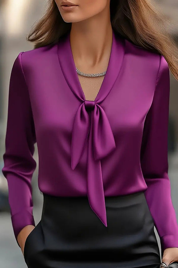 Satin Solid Color V-neck Tie Long Sleeve Elegant Shirt