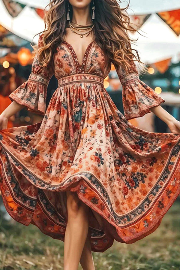 Bohemian Floral Print V-neck Waist Midi Dress