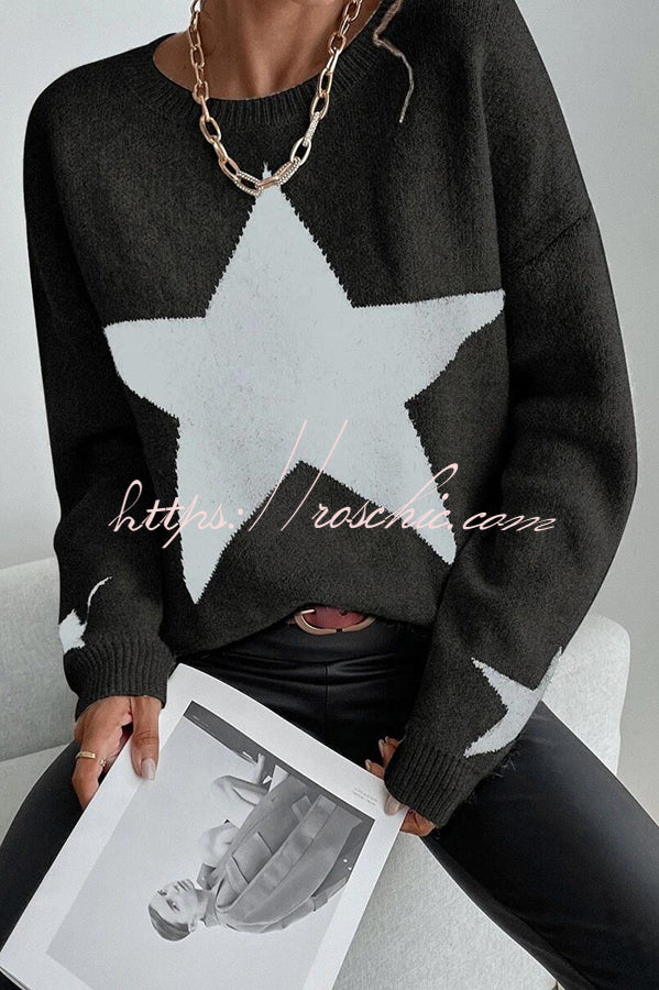 Essnce Star Pattern Crew Neck Long Sleeve Sweater