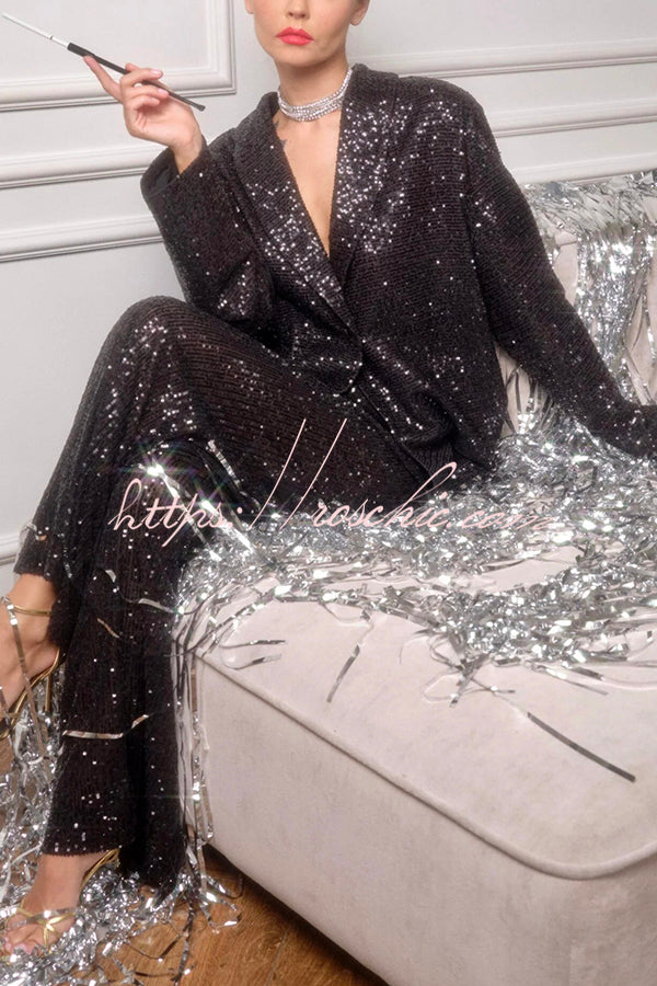 Solid Color Sequin Long Sleeve Party Blazer