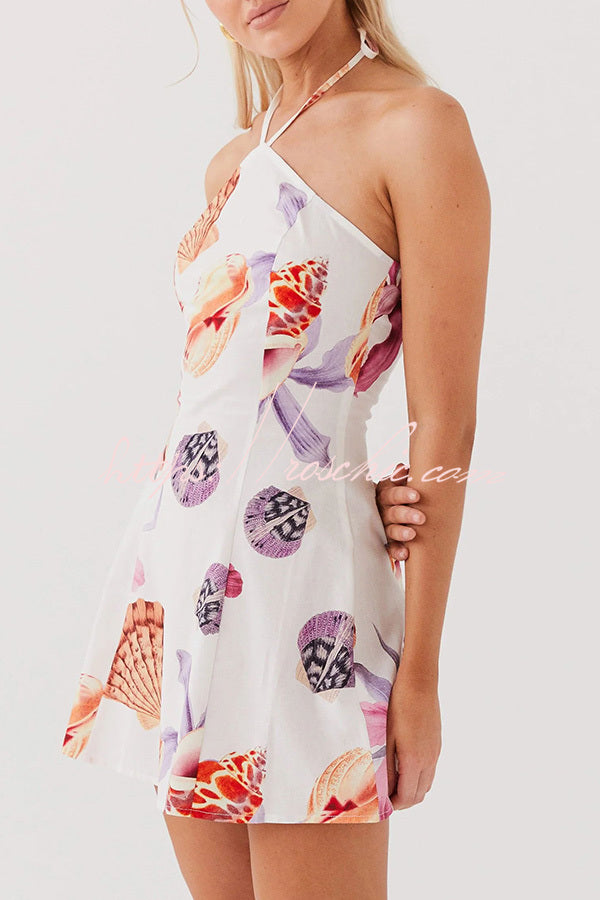 Seaside Bouquet Linen Blend Shells Unique Print Halter Mini Dress