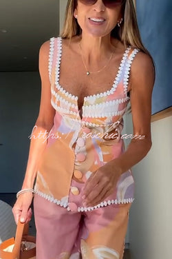 European Summer Linen Blend Ric Rac Trims Unique Print Button Tank
