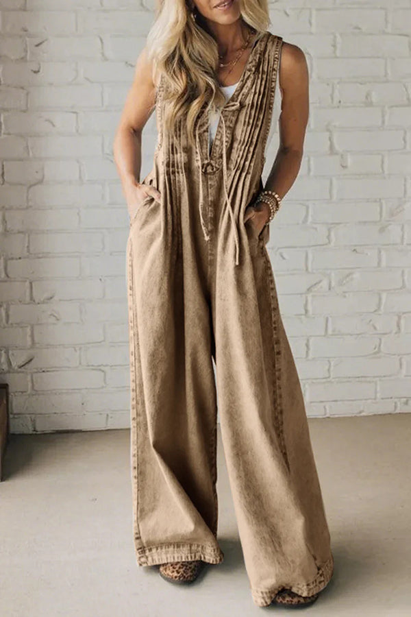 Fashionable and Casual Sleeveless V-neck Lace-up Loose Pocket Jumpsuit