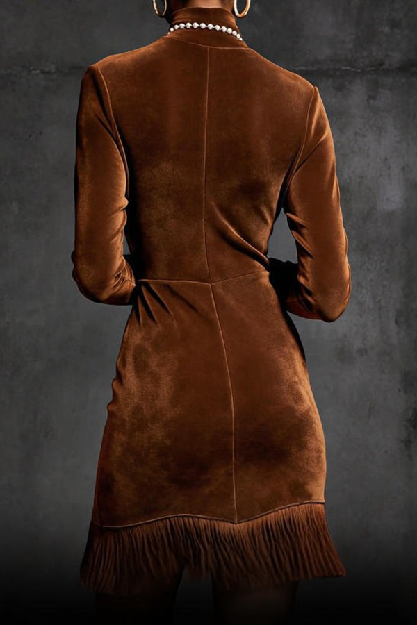 Stylish Suede Turtleneck Long-sleeved Slim-fit Tassel Mini Dress