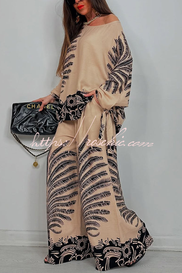 Unique Print Loose Drawstring Long Sleeve Top and Elastic Waist Casual Pocket Wide Leg Pants Set