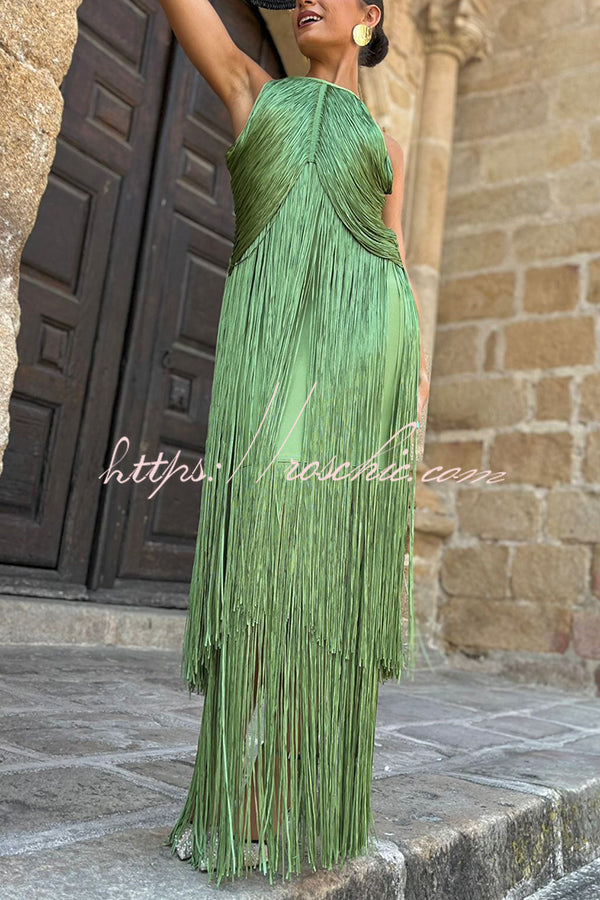 Fashion Sleeveless Halter Neck Elegant Tassel Slim Maxi Dress