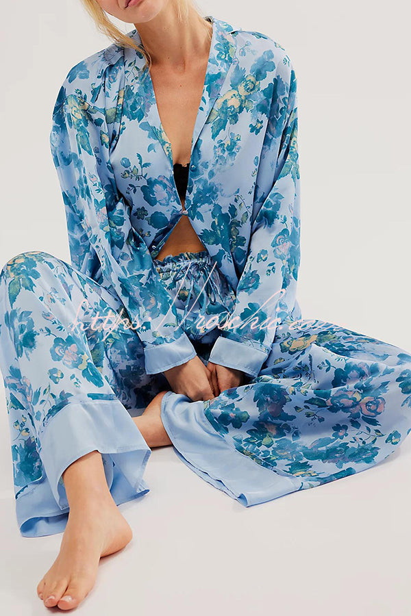 Unique Printed Lounge Long-sleeved Shirt and Elastic Waisted Baggy Pants Set