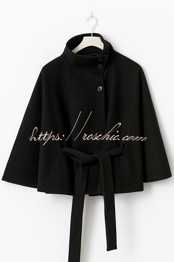 Fashionable Stand Collar Button Waist Tie Loose Cape