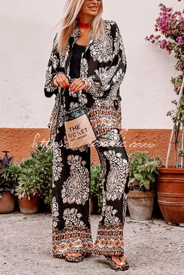 Unique Ethnic Print Loose Long-sleeved Shirt and Elastic Waist Pocket Straight Pants Set