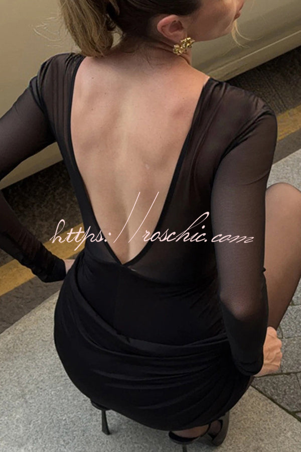 Sexy Mesh See-through Long-sleeved Backless Pleated Rompers