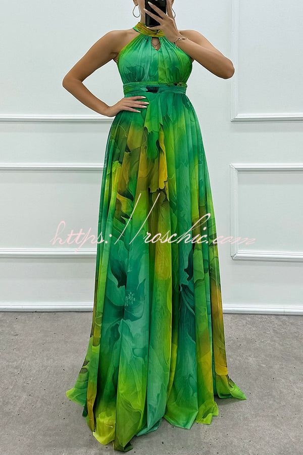 Elaine Tulle Floral Splash Print Cutout Halter Tie-up Neck Gown Maxi Dress