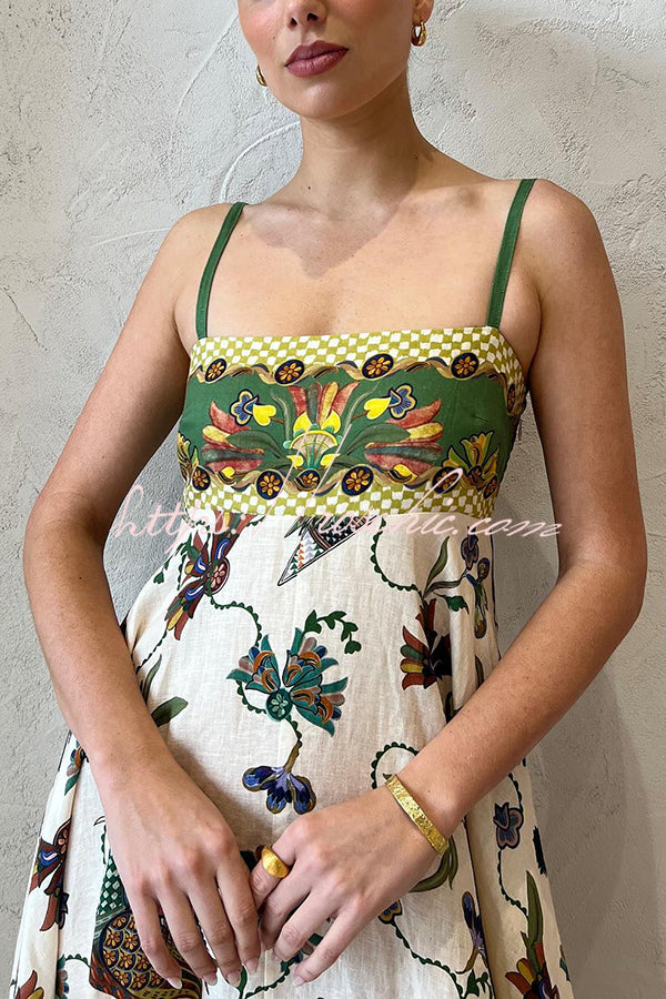 From Sun Drenched Linen Blend Unique Print Smocked Back Pocketed Midi Dress