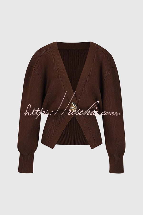 Only Yours Knit Metal Leaf Shape Button Lantern Sleeve Relaxed Cardigan