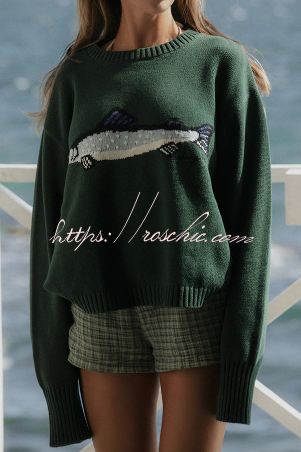 Fashionable Fish Pattern Round Neck Loose Knitted Sweater