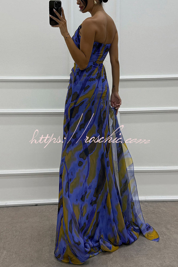 Amazing Views Watercolor Print Feather Rose Detail Off Shoulder Pleated Slit Maxi Dress