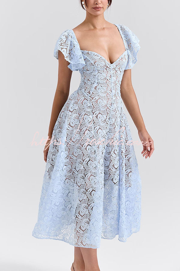 Romantic Atmosphere Bluebell Lace Butterfly Sleeve Sweetheart Neck Stretch Midi Dress