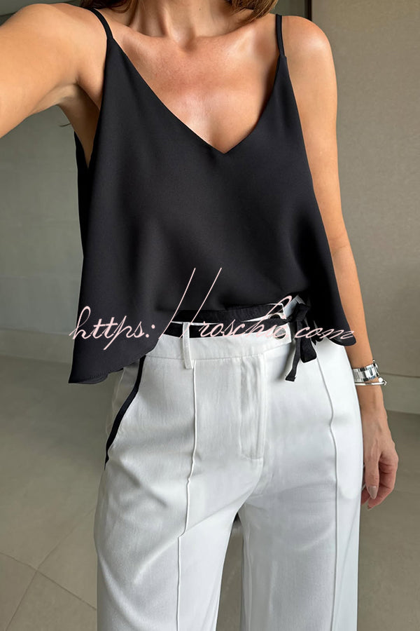 Full of Chic Colorblock Trim Lace-up Waist Pocketed Wide Leg Pants