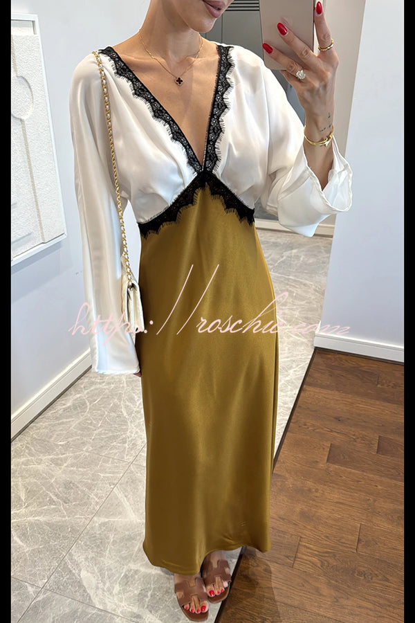 Lainei Contrast Color Satin Lace Trim V-neck Long Sleeve Maxi Dress