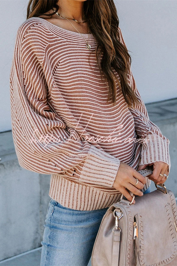 Knitted Striped Round Neck Dolman Sleeve Casual Loose Sweater