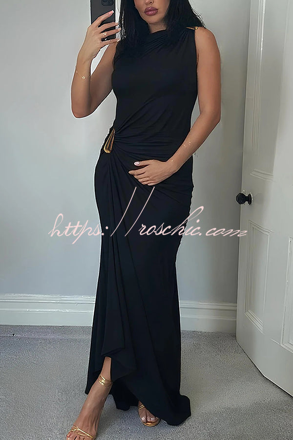 Fashionable Metallic Embellishments Pleated Sleeveless Slim-fit Maxi Dress