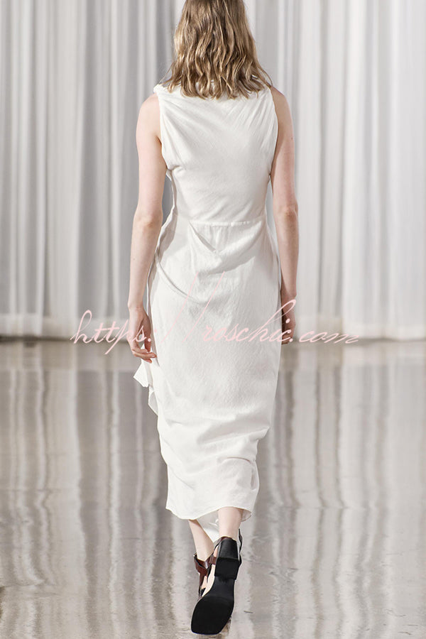 Sculptural Effect Linen Blend Twisted Shoulder Strap Drape Maxi Dress