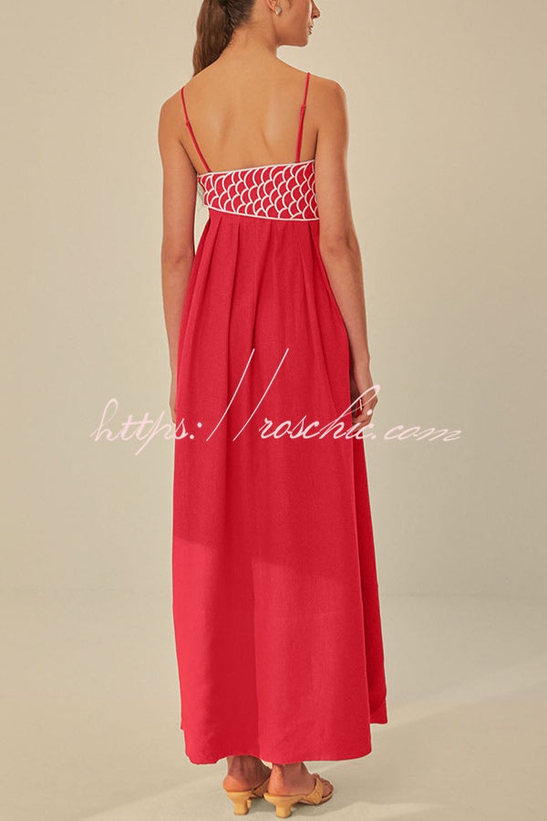 Red Fish Embroidered Sling Backless Maxi Dress