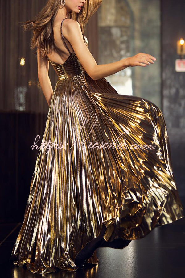 Queen Style Metallic Fabric Cross Neck Cutout Slit Pleated Maxi Dress roschic Queen Style Metallic Fabric Cross Neck Cutout Slit Pleated Maxi Dress roschic