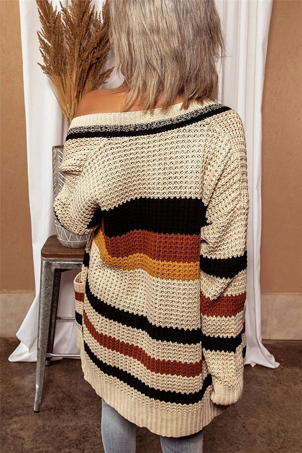 Knitted Striped Printed Loose V-neck Long-sleeved Casual Cardigan