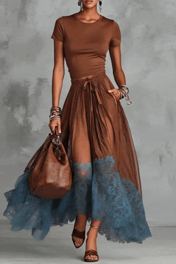 Stylish Round Neck Short-sleeved Fitted Top and Elastic Waist Pockets Lace Hem Maxi Skirt Set Stylish Round Neck Short-sleeved Fitted Top and Elastic Waist Pockets Lace Hem Maxi Skirt Set