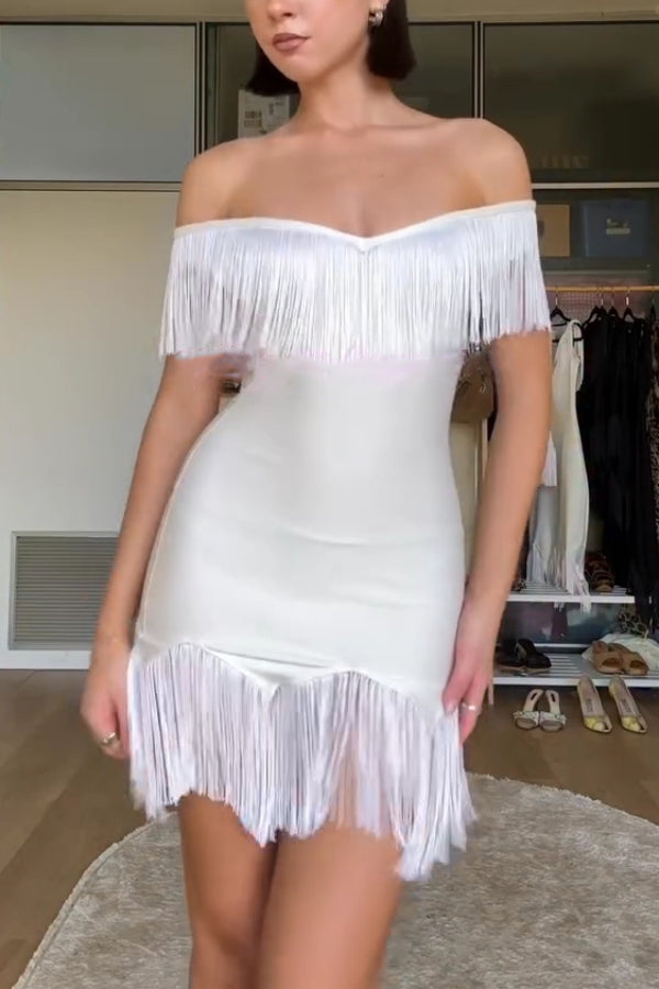 solid color mini dresses V-neck Off-shoulder Slim-fit Tassel Dress YGroup_kammiesmockedmididress line cut Fantasy Theme Royal Blue STYLE:112361196