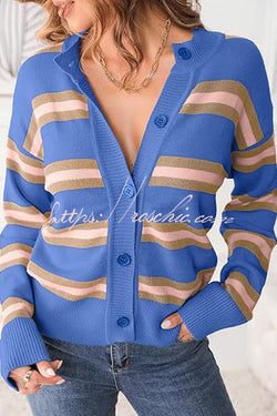 Colorblock Striped Knitted Long-sleeve Cardigan