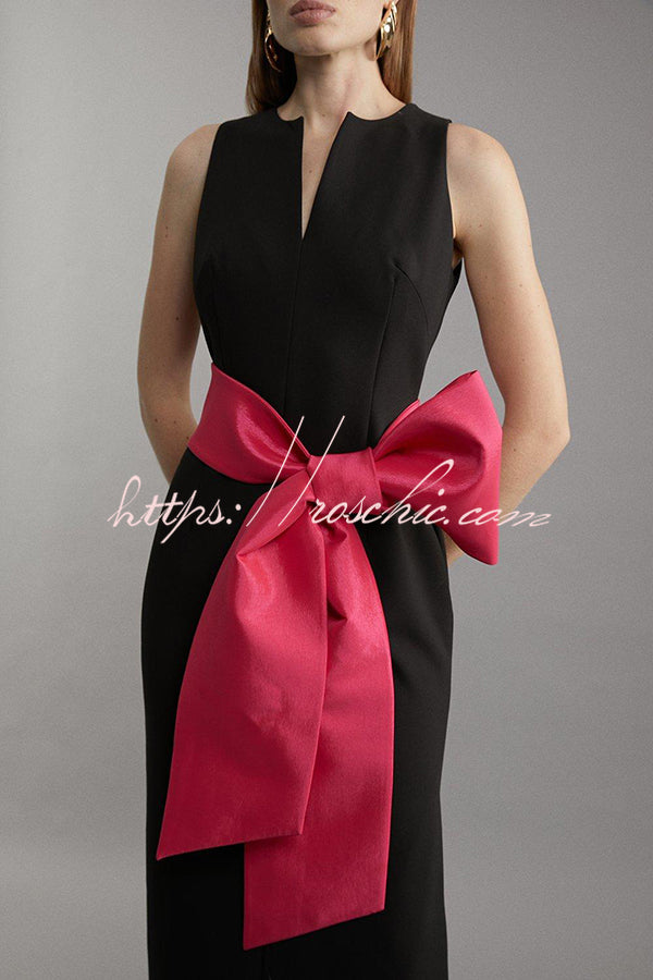 Clean Tailored Taffeta Contrast Oversized Bow Tie Waist Midi Dress