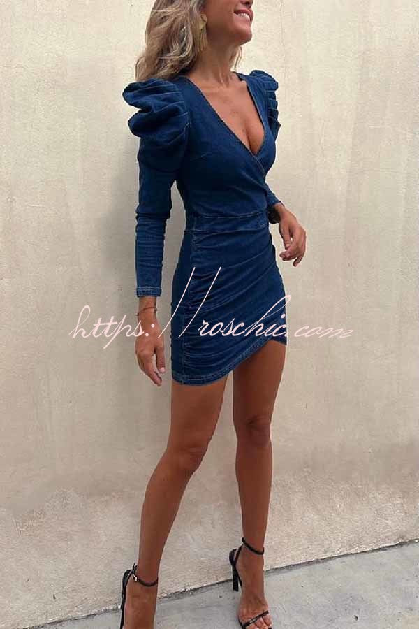 All The Best Denim Puff Sleeve Ruched Stretch Mini Dress